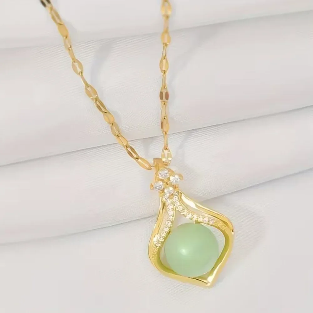 Jade-in-Pocket Necklace Golden Pendant Nestled In Cubic Zirconia on Lip Chain